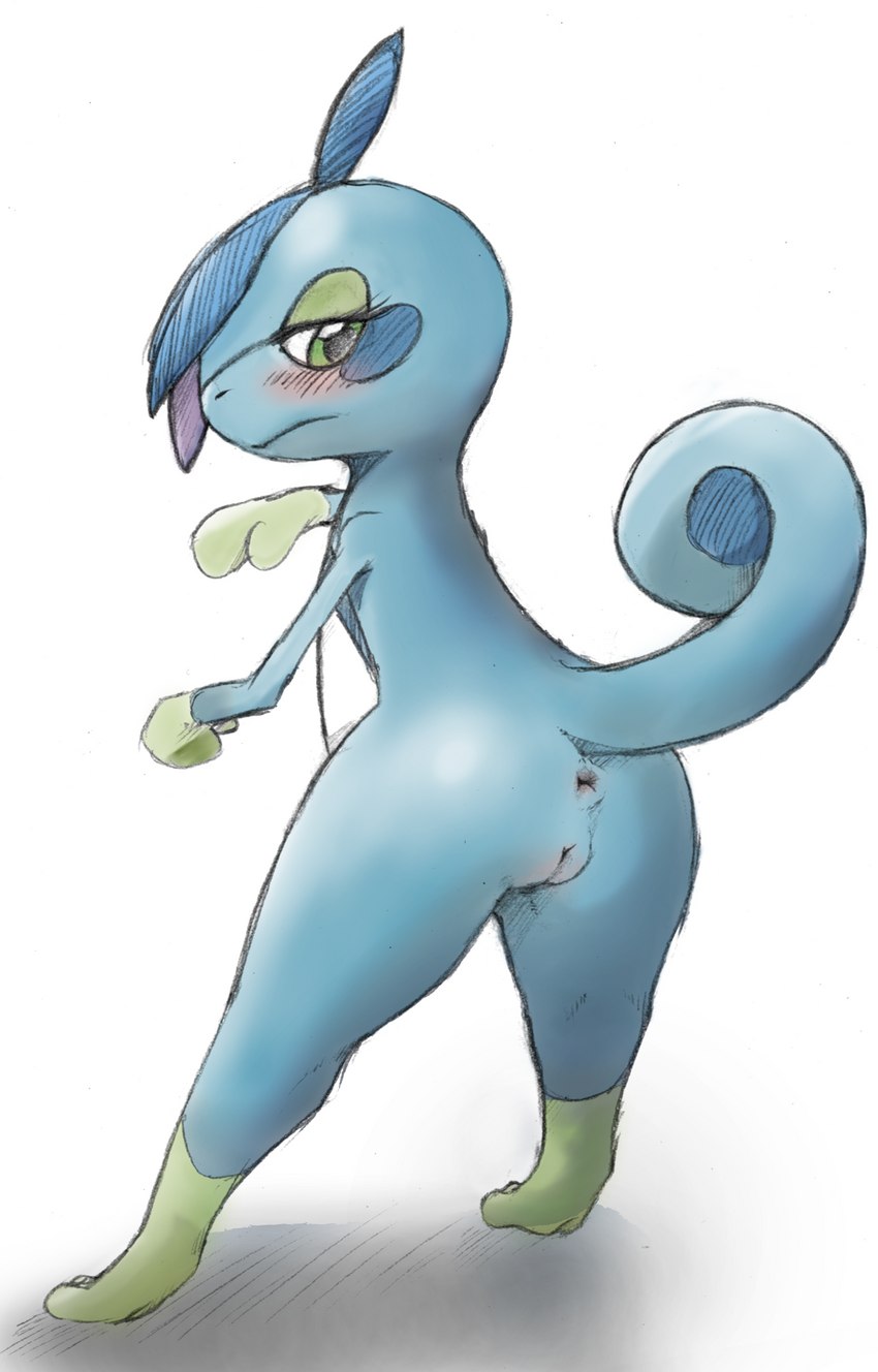 anus blush butt female feral genitals looking_back presenting pussy raised_tail rear_view solo standing tail tail_anus yang_(artist) nintendo pokemon amphibian drizzile generation_8_pokemon pokemon_(species) hi_res traditional_media_(artwork)