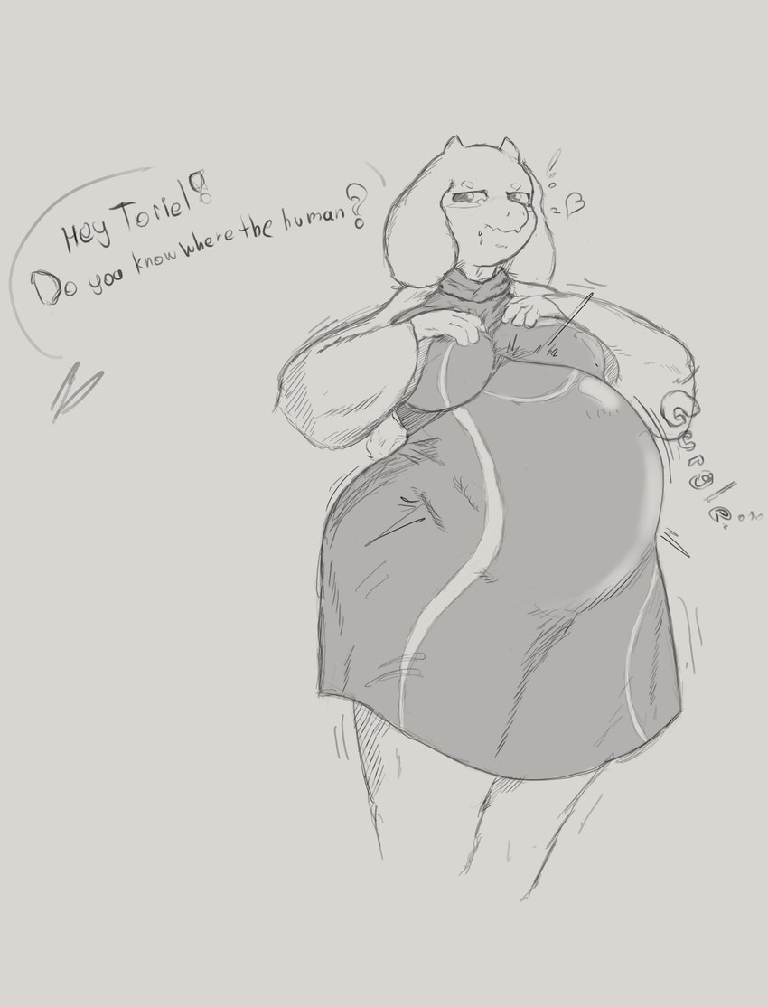 after_vore ambiguous_gender ambiguous_prey anthro anthro_pred belly big_belly clothing digestion digestion_noises female female_pred human_prey oral_vore solo text vore badartist undertale undertale_(series) toriel bovid caprine goat human mammal absurd_res english_text hi_res