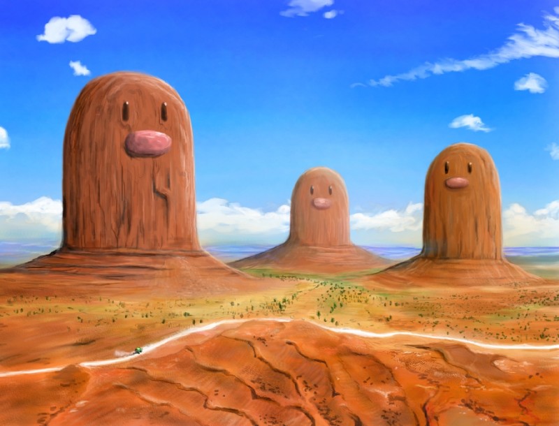 car cloud day desert detailed_background mountain outside plant road rock sky vehicle zero_pictured cosmo_(artist) nintendo pokemon diglett generation_1_pokemon pokemon_(species)