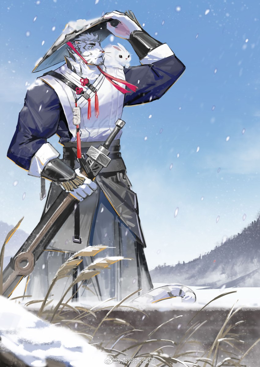 anthro asian_conical_hat blue_sky clothing feral hat headgear headwear holding_clothing holding_hat holding_headgear holding_headwear holding_object holding_weapon looking_aside male mountain sheathed_weapon sky snow snowing solo weapon weibo_logo jieke_jieke_mao arknights hypergryph studio_montagne weibo mountain_(arknights) felid lagomorph leporid mammal pantherine rabbit tiger hi_res