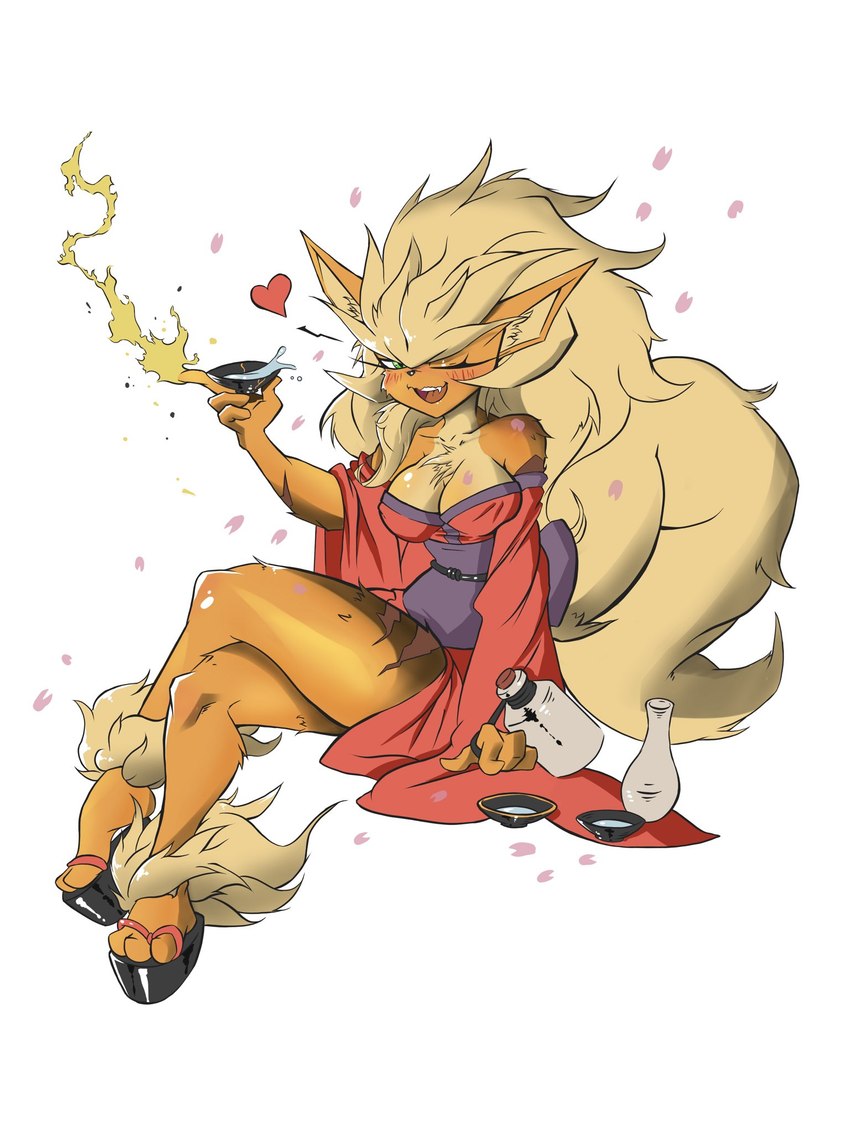 alcohol anthro asian_clothing beverage blush breasts cherry_blossom clothed clothing crossed_legs east_asian_clothing female fire flower fluffy fluffy_tail footwear fur green_eyes hair heart_symbol japanese_clothing kimono looking_at_viewer one_eye_closed open_mouth orange_body orange_fur petals plant pokemorph prunus_(flower) sake sake_bottle sake_dish sandals sash shoes simple_background sitting smile smiling_at_viewer solo tail teeth thick_thighs topwear wink winking_at_viewer snoutless nintendo pokemon fan_character nine_(snoutless) arcanine canid canine elemental_creature firedog generation_1_pokemon mammal pokemon_(species) 2019 3:4 colored digital_media_(artwork) hi_res