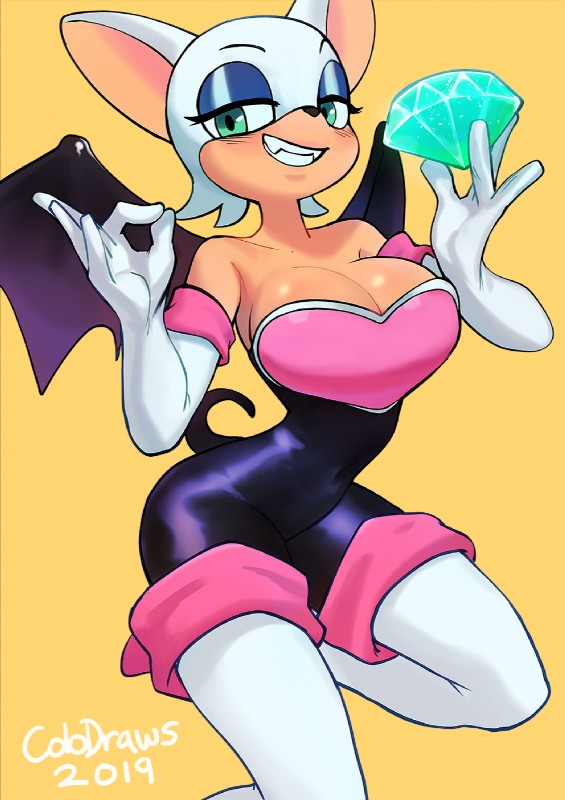 anthro black_nose blue_eyes breasts chaos_emerald cleavage clothed clothing eyelashes eyeshadow female fur gem grin hair holding_object makeup simple_background small_waist smile solo white_body white_fur white_hair wings colo sega sonic_the_hedgehog_(series) rouge_the_bat bat mammal 2019 hi_res signature