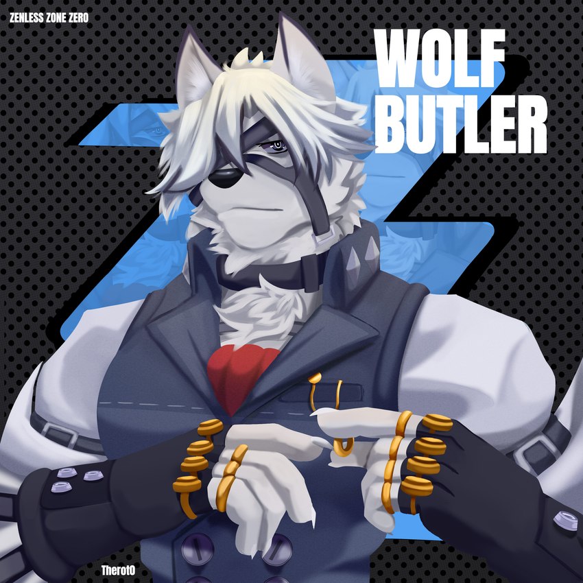 anthro black_clothing black_topwear butler clothing diamond_background fur logo male one_eye_obstructed ring solo text title topwear white_body white_clothing white_fur white_topwear therot0 mihoyo zenless_zone_zero von_lycaon canid canine canis mammal wolf 1:1 2022 absurd_res artist_name english_text hi_res