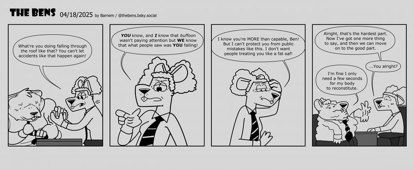anthro bottomwear clothing dialogue dot_eyes duo male necktie overweight overweight_male pants shirt simple_eyes sitting slightly_chubby text topwear barnem mammal murid murine rat rodent 2025 comic english_text hi_res monochrome