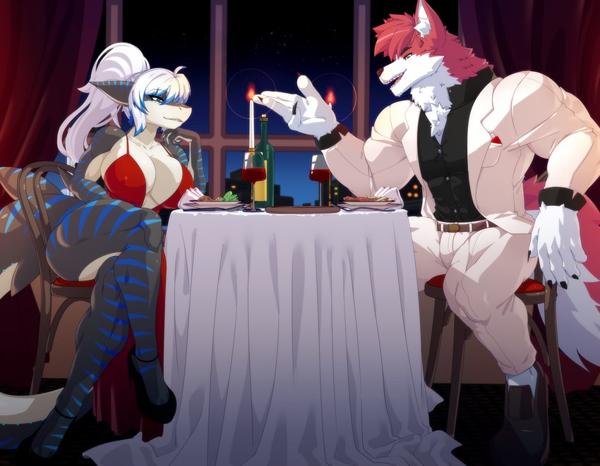 alcohol anthro beverage big_breasts breasts clothed clothing crossed_legs dinner dress duo female food footwear fur furniture group hair high_heels male muscular muscular_anthro muscular_male night nipple_outline nipples red_body red_fur romantic romantic_ambiance romantic_couple romantic_dinner shoes sitting smile table tail thick_thighs white_body white_fur karmanseph danny_sterling_(spitfire420007) nika_sharkeh canid canine canis fish mammal marine shark wolf digital_media_(artwork) hi_res