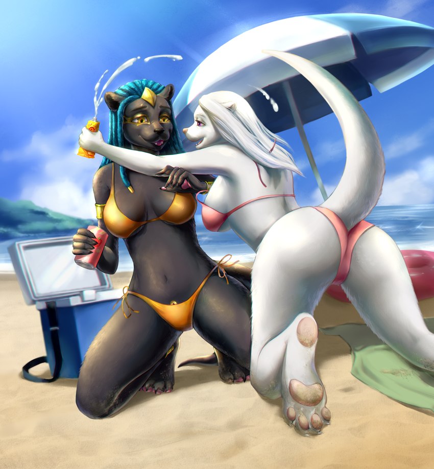 anthro beach beverage beverage_can bikini black_body black_claws black_fur black_nose blue_hair blue_sky bracelet breasts butt chromatic_aberration claws clothed clothing cloud cooler cute_fangs day detailed_background dreadlocks duo eye_tattoo facial_tattoo fangs female fur gold_(metal) gold_anklet gold_armlet gold_bracelet gold_jewelry green_towel hair hair_jewelry holding_beverage holding_object holding_tube horizon inflatable inner_tube jewelry kneeling leaning leaning_forward membrane_(anatomy) navel neck-tie_bikini neck-tie_clothing neck-tie_swimwear open_mouth open_smile orange_bikini orange_clothing orange_swimwear outside parasol pawpads pink_bikini pink_clothing pink_nose pink_pawpads pink_swimwear pubic_tattoo purple_eyes raised_tail sand sand_on_foot sea seaside side-tie_bikini side-tie_clothing side-tie_swimwear skimpy sky smile string_bikini sunny sunscreen swimwear tail tattoo teeth towel two-piece_swimsuit under_boob untied untied_bikini wardrobe_malfunction water webbed_hands white_body white_claws white_fur white_hair yellow_eyes aib_leyley luana_(werefox) nafi_(werefox) mammal mustelid otter 2021 absurd_res digital_media_(artwork) digital_painting_(artwork) hi_res