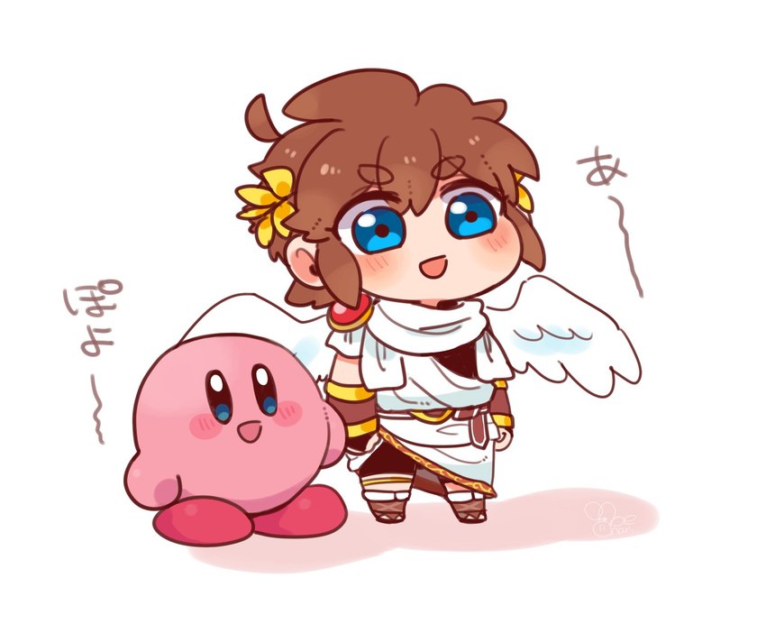 blush brown_hair clothing duo feathered_wings feathers hair light_body light_skin male not_furry open_mouth open_smile pink_body simple_background smile wings butanchu0426 kid_icarus kirby_(series) nintendo kirby pit_(kid_icarus) alien angel humanoid waddling_head winged_humanoid crossover hi_res