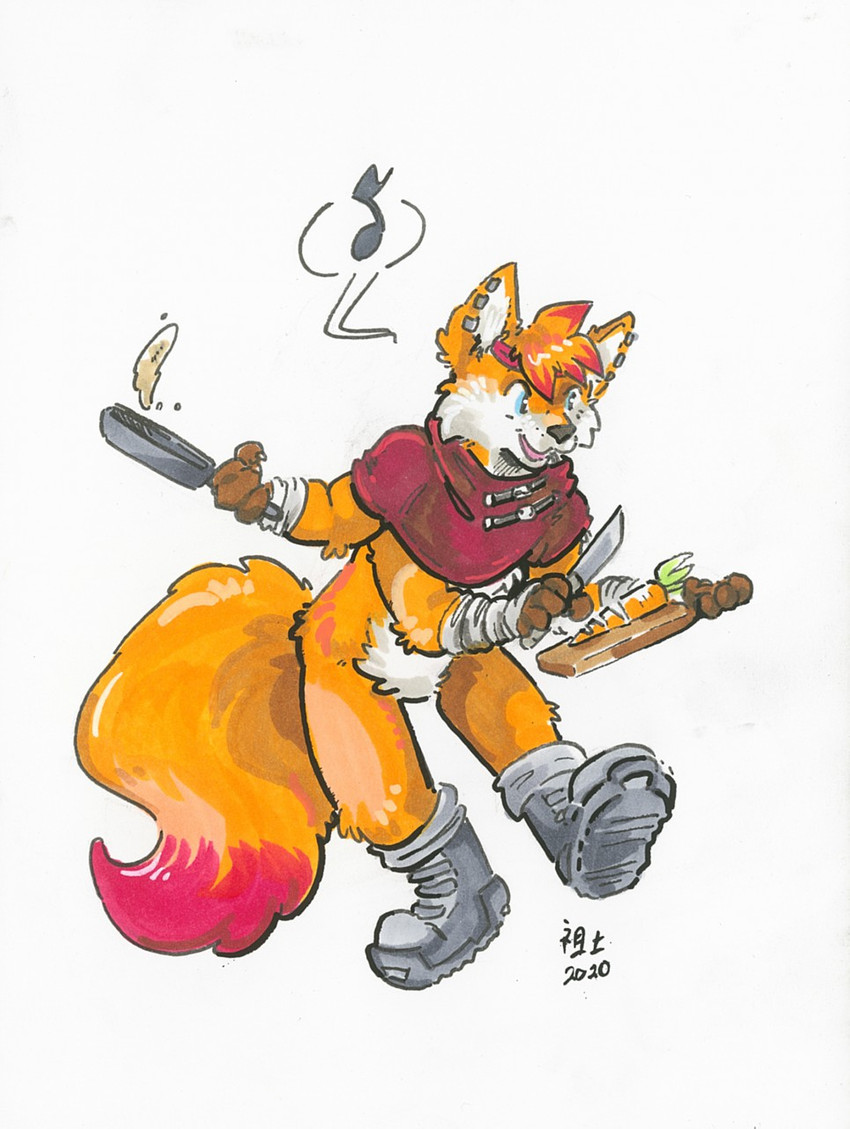 anthro boots bottomless carrot clothed clothing cooking cookware cowl cutting_board featureless_crotch food footwear frying_pan kitchen_utensils knife male multi_arm multi_limb plant shoes solo tools vegetable not-fun canid canine fox mammal hi_res