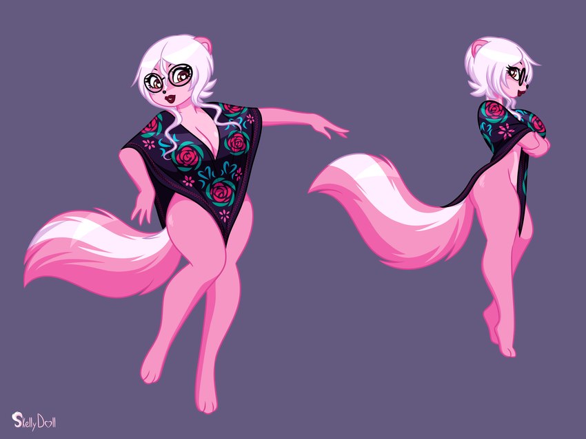 anthro breasts clothing eyewear female glasses hair lipstick makeup pink_body poncho poncho_only solo stripes white_hair skelly_doll diana_rayablanca mammal mephitid skunk 4:3 hi_res