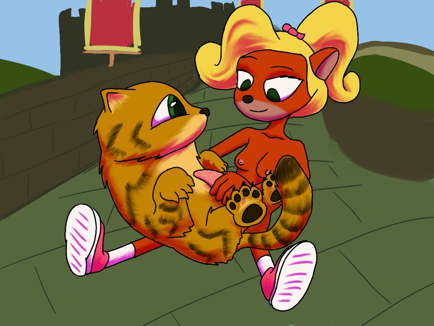 anthro clothing duo female feral footwear footwear_only fur green_eyes handjob male male/female markings mostly_nude orange_body orange_fur penile pink_bow sex shoes shoes_only striped_markings striped_tail stripes submissive submissive_feral tail tail_markings causticutie activision crash_bandicoot_(series) coco_bandicoot pura_(crash_bandicoot) bandicoot felid mammal marsupial pantherine tiger 4:3