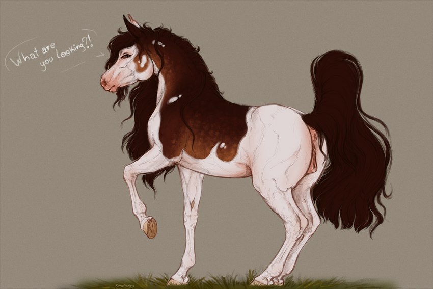 anatomically_correct anatomically_correct_anus anatomically_correct_feral anatomically_correct_genitalia anatomically_correct_pussy animal_genitalia animal_pussy anus blue_eyes bodily_fluids brown_body brown_mane brown_tail butt clitoral_winking clitoris dialogue equine_anus equine_genitalia equine_pussy eyebrows eyelashes female feral genital_fluids genitals grass grey_background hooves looking_at_viewer mane markings multicolored_body one_leg_up pink_anus pink_nose pink_pussy plant presenting presenting_anus presenting_hindquarters presenting_pussy puffy_anus pussy pussy_juice_string quadruped raised_leg raised_tail realistic_feral simple_background solo speech_bubble spots spotted_body tail talking_to_viewer text underhoof vaginal_fluids white_body white_spots scarlanya scarla_(scarlanya) arabian_horse equid equine horse mammal pintabian_horse 2022 digital_drawing_(artwork) digital_media_(artwork) english_text hi_res