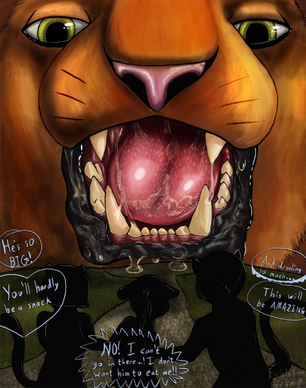 anthro bodily_fluids drooling extreme_size_difference female group lips macro messy nervous open_mouth sacrifice saliva scared size_difference teeth text tongue vore exiled-tiger aeywon esthela felid mammal digital_media_(artwork) english_text hi_res