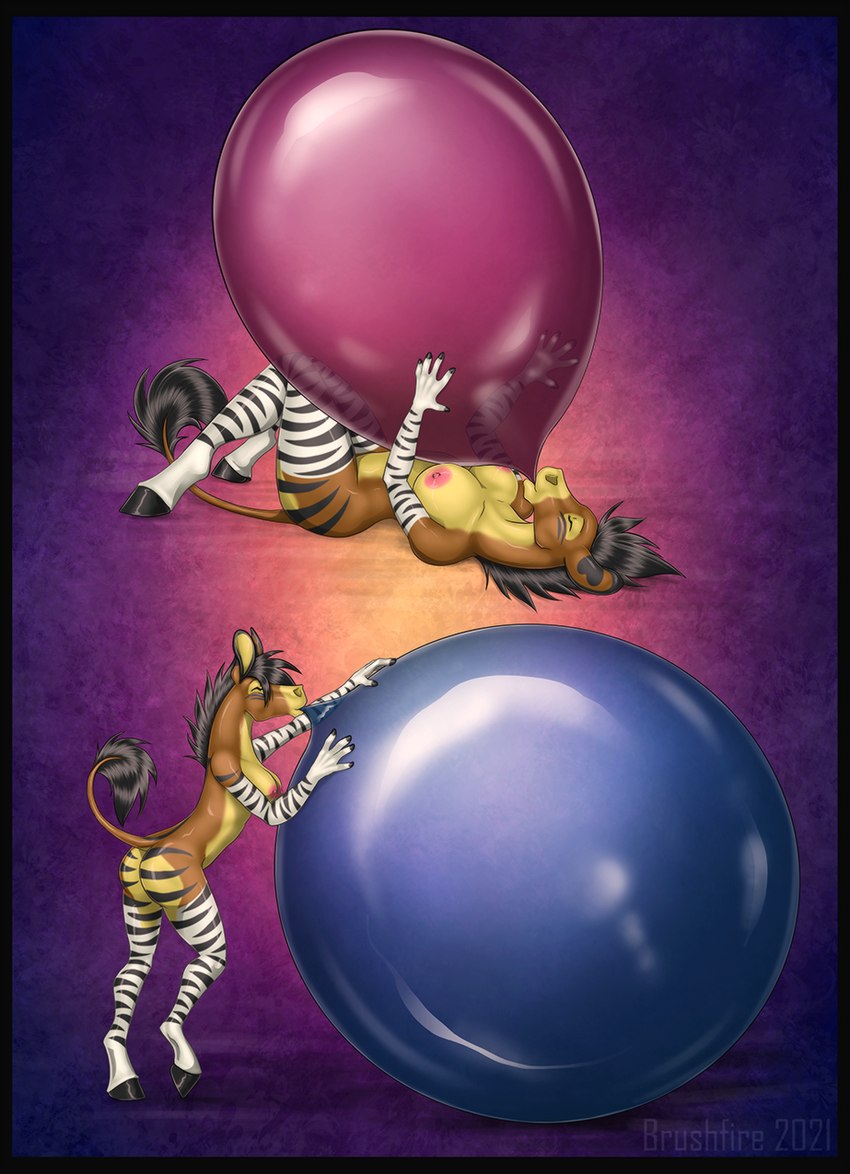 balloon duo female inflatable looner pose brushfire the_stable zoey_(brushfire) equid equine horse hybrid mammal zebroid zonkey hi_res pinup