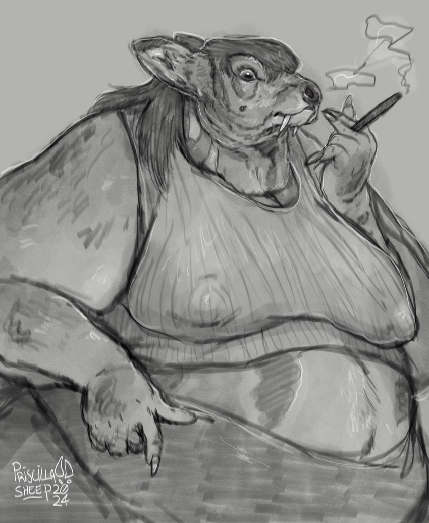 anthro biped cigar female obese obese_anthro obese_female overweight overweight_anthro overweight_female sharp_teeth smoking solo teeth priscillasheep mammal moschid musk_deer 2024 hi_res