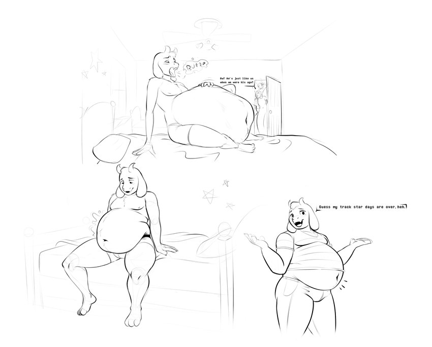 abdominal_bulge after_vore aged_up anthro anthro_pred arm_tuft bed bed_covers bedding bedroom bedroom_background bedside belly belly_tuft big_belly bloated blush blush_lines bottomwear bulge burp_cloud burping ceiling_fan ceiling_lamp chest_tuft clothed clothed_pred clothing denim denim_bottomwear denim_clothing dialogue digestion digestion_sequence door ear_tuft electric_fan female furniture gesture group hand_on_bed hand_on_belly hand_on_own_belly head_tuft horn huge_belly jeans lamp male male_focus male_pred motion_lines navel navel_outline navel_tuft on_bed onomatopoeia overweight overweight_anthro overweight_male pants pillow post_vore_weight_gain potbelly shirt shoulder_tuft shrug sitting sitting_on_bed sitting_on_side sitting_up soft_digestion soft_vore sound_effects star text topwear trio tuft underwear underwear_only unseen_prey vore weight_gain willing_pred window younger_pred joenobody toby_fox_(copyright) undertale undertale_(series) asgore_dreemurr asriel_dreemurr toriel bovid caprine goat mammal monster absurd_res digital_drawing_(artwork) digital_media_(artwork) english_text guide_lines hi_res line_art monochrome sketch sketch_page father_(lore) father_and_child_(lore) father_and_son_(lore) mother_(lore) mother_and_child_(lore) mother_and_son_(lore) parent_(lore) parent_and_child_(lore) parent_and_son_(lore) son_(lore)