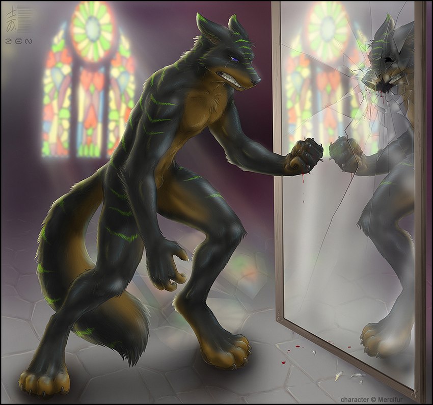 anthro blood bodily_fluids broken_glass clenched_teeth digitigrade fluffy fluffy_tail glass male mirror solo stained_glass standing tail tears teeth zenthetiger mercifur canid canine canis mammal wolf 2009