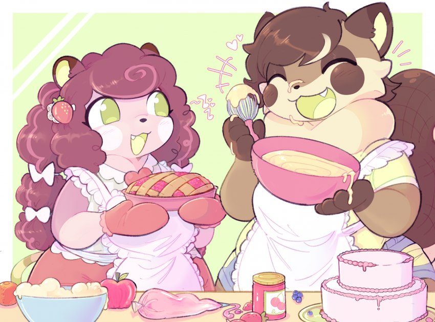 anthro apple apron baking border bowl brown_body brown_fur brown_hair cake cheek_spots clothed clothing container cooking countershade_fur countershading curled_hair dessert duo eyes_closed female female/female female_anthro food fruit fur green_background green_eyes hair handwear holding_food holding_object holding_pie jar jelly_(food) kitchen_utensils multicolored_body multicolored_fur oven_mitts pastry pie pink_body pink_fur pink_hair plant romantic romantic_couple simple_background smile strawberry tail tan_body tan_fur tools whisk white_border pawberry domestic_cat felid feline felis mammal 2024 hi_res