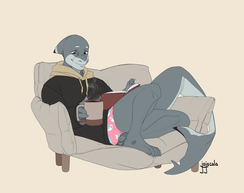 anthro beverage black_clothing black_eyes black_tip_tail black_topwear book clothing coffee coffee_mug container cup eyebrows feet fin fingers furniture head_fin holding_container holding_cup holding_object hoodie liquid loveseat male multicolored_body paper pink_clothing reading reading_book simple_background sitting smile snout solo steam tail tail_fin tail_over_edge tan_clothing toes topwear two_tone_body underwear jojacula lysander_hano blacktip_reef_shark carcharhinus fish marine reef_shark requiem_shark shark hi_res shaded simple_shading