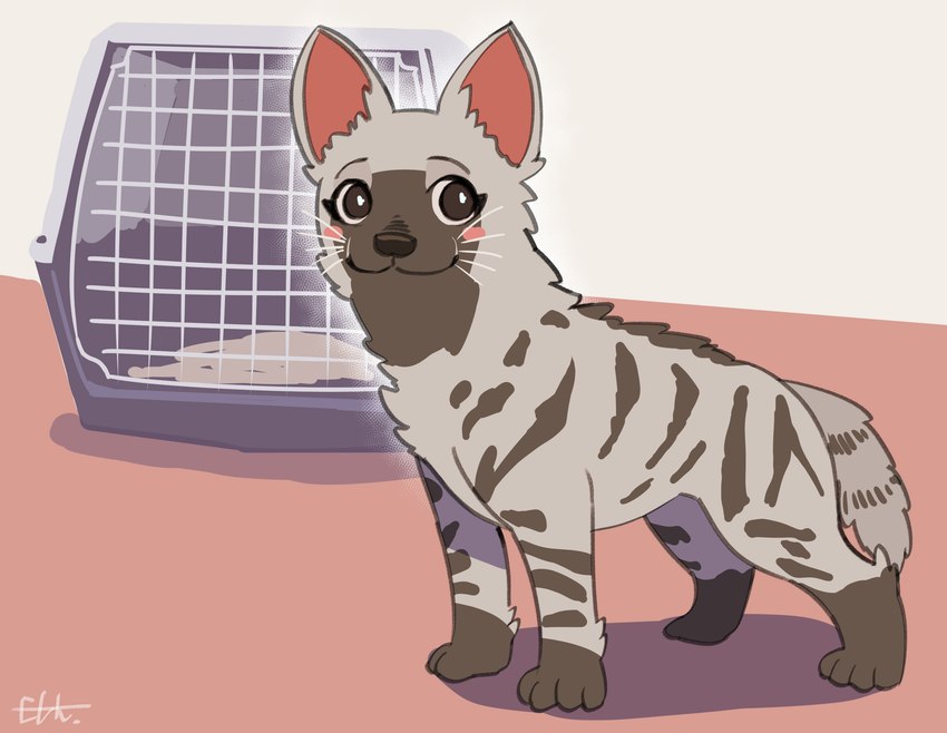 4_toes ambiguous_gender blush brown_body brown_eyes brown_fur brown_stripes crate dog_carrier feet feral fur grey_body grey_fur looking_back nude pet_carrier smile solo striped_body stripes toes whiskers young young_feral el-k hyena mammal striped_hyena digital_media_(artwork) hi_res