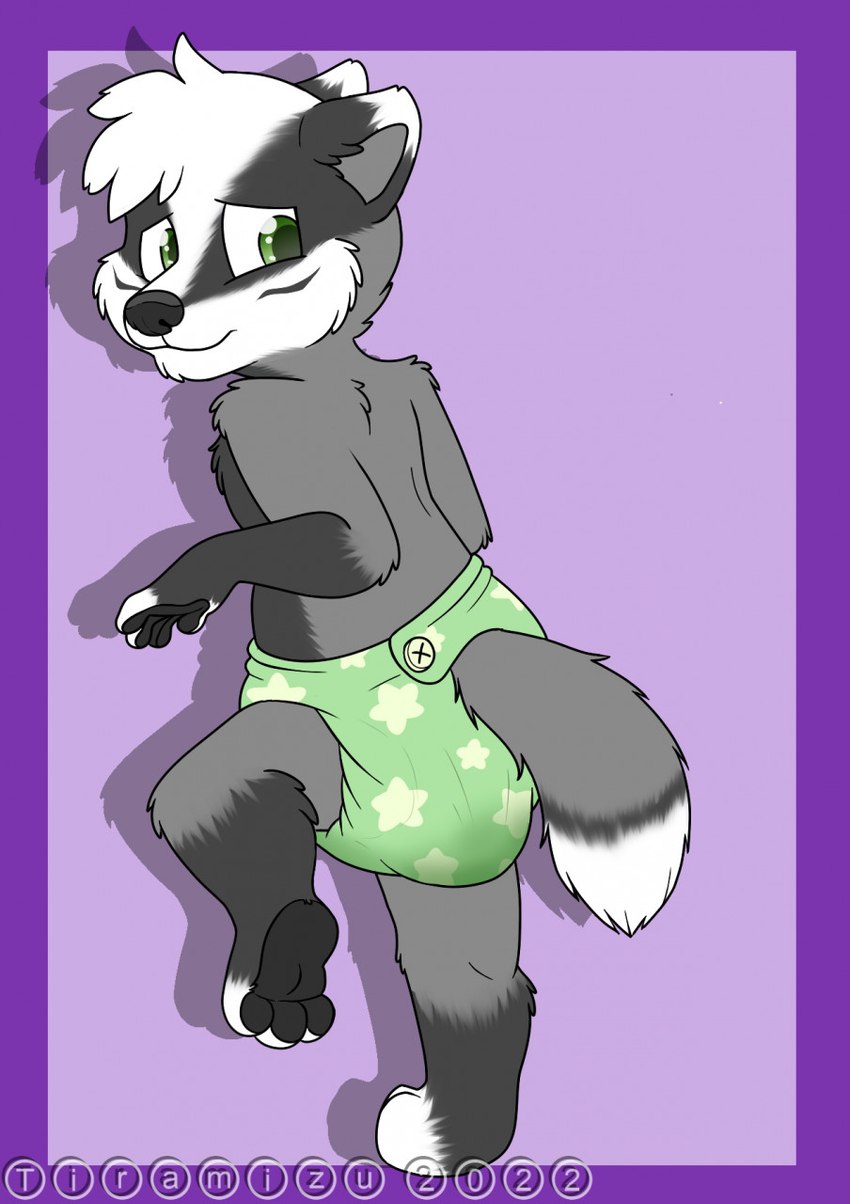 3_toes 4_fingers anthro black_body black_fur black_nose border cloth_diaper clothed clothing diaper diaper_only ears_back feces feet fingers full_diaper fur green_diaper green_eyes grey_body grey_fur looking_back male pattern_diaper pivoted_ears pooping purple_background purple_border shy simple_background soiled_diaper soiling soiling_diaper solo tiptoes toes topless unclean_diaper used_diaper walking white_body white_fur young young_anthro tiramizu_(artist) badger mammal mustelid musteline 2022 hi_res signature