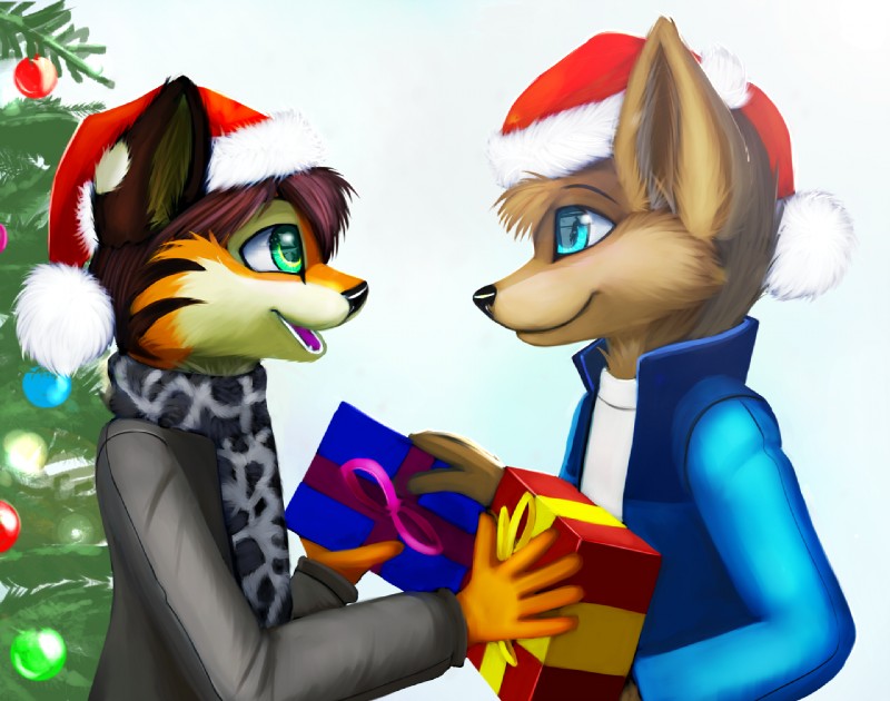 anthro black_nose blue_eyes brown_body brown_fur brown_hair christmas_clothing christmas_headwear christmas_tree clothed clothing duo fully_clothed fur gift green_eyes grin hair hat headgear headwear holding_gift holding_object holidays inside male multicolored_body multicolored_fur open_mouth orange_body orange_fur plant santa_hat scarf short_hair side_view simple_background smile standing stripes tan_body tan_fur tree yellow_body yellow_fur jamesfoxbr christmas chmunk saba canid canine canis felid golden_jackal jackal mammal pantherine tiger 2014 digital_media_(artwork)