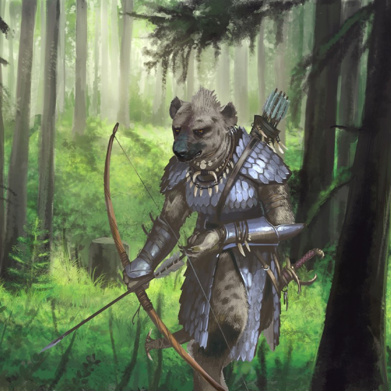 adventurer anthro archer armor arrow_(weapon) bow_(weapon) bracers brown_body brown_fur detailed_background ear_piercing ear_ring evergreen_tree female fern forest fur grey_body grey_fur holding_melee_weapon holding_object holding_sword holding_weapon longbow markings melee_weapon mohawk nature outside piercing pine_tree plant quiver_(object) ranged_weapon ranger ring_piercing scabbard scale_armor scimitar solo spots spotted_body spotted_fur sword tree tribal tribe warrior weapon yellow_eyes ben_wootten third-party_edit zefy dungeons_and_dragons hasbro pathfinder wizards_of_the_coast gnoll hyena mammal monster spotted_hyena 1:1