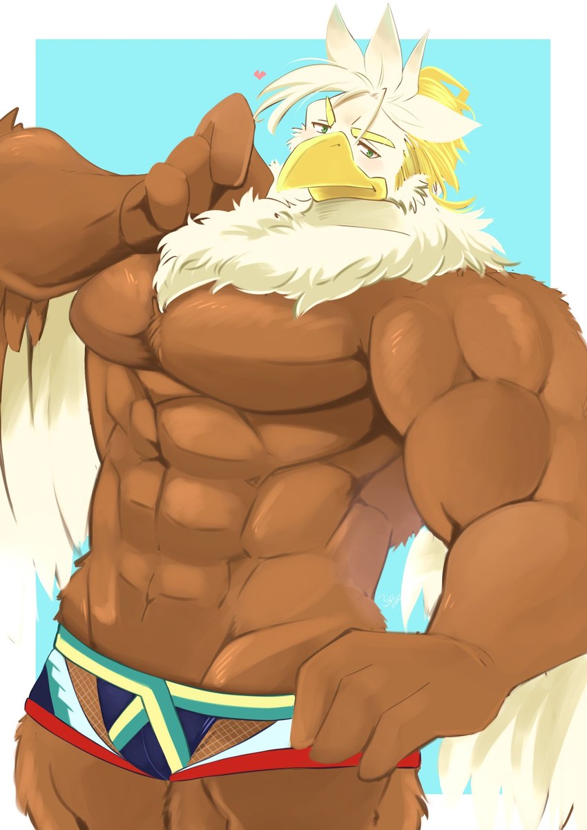 abs anthro blonde_hair clothing fishnet_clothing hair heart_symbol male muscular muscular_anthro muscular_male pecs solo speedo swimwear u5rilla_ktzk lifewonders tokyo_afterschool_summoners thunderbird_(tas) accipitrid accipitriform avian bird eagle hi_res