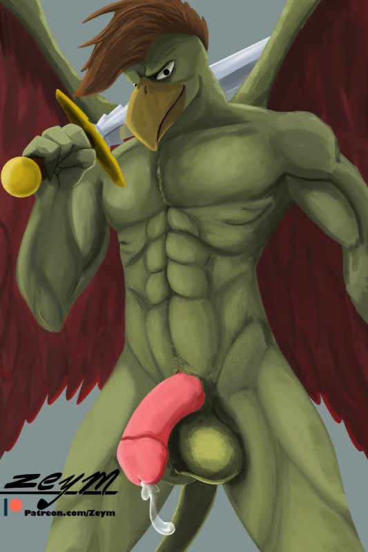 abs anthro balls beak biceps big_penis bodily_fluids brown_hair claws cum erection feathered_wings feathers fingers genital_fluids genitals hair holding_object holding_weapon humanoid_genitalia humanoid_penis looking_at_viewer male melee_weapon membrane_(anatomy) membranous_wings muscular muscular_anthro muscular_male nude pecs penis simple_background smile solo standing sword weapon wings zeym disney gargoyles mythology griff_(gargoyles) avian bird gargoyle gryphon mythological_avian mythological_creature 2020 digital_media_(artwork) hi_res