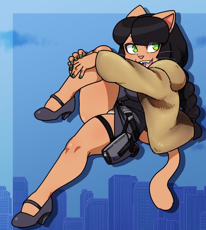 anthro belt bottomwear braided_hair brown_body brown_fur cat_tail city city_background cityscape clothing colored_nails female fingernails footwear fur fur_coat green_eyes green_fingernails green_nails gun hair high_heels holster miniskirt nails one_leg_up raised_leg ranged_weapon shoes skirt weapon whiskers wrinkles noahdoesart yiski_(noahdoesart) domestic_cat felid feline felis mammal hi_res