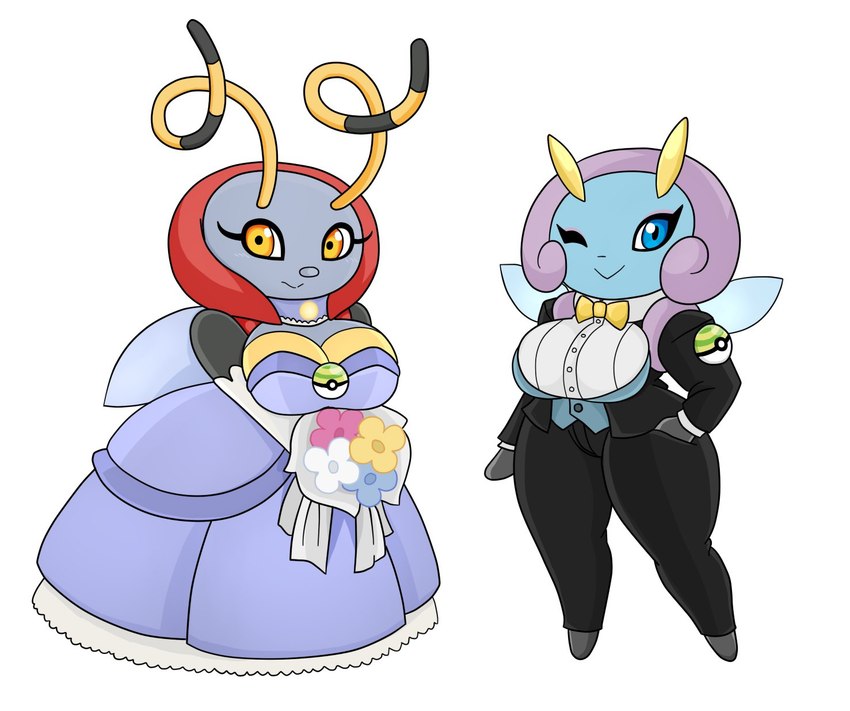 antennae_(anatomy) anthro armwear big_breasts blinking blue_body bottomwear bouquet bow_(feature) breasts clothing crossgender dress duo female flower flower_bouquet grey_body handwear nest_ball pants plant pokeball simple_background suit white_background wings yellow_body urusee584 nintendo pokemon generation_3_pokemon illumise pokemon_(species) volbeat hi_res