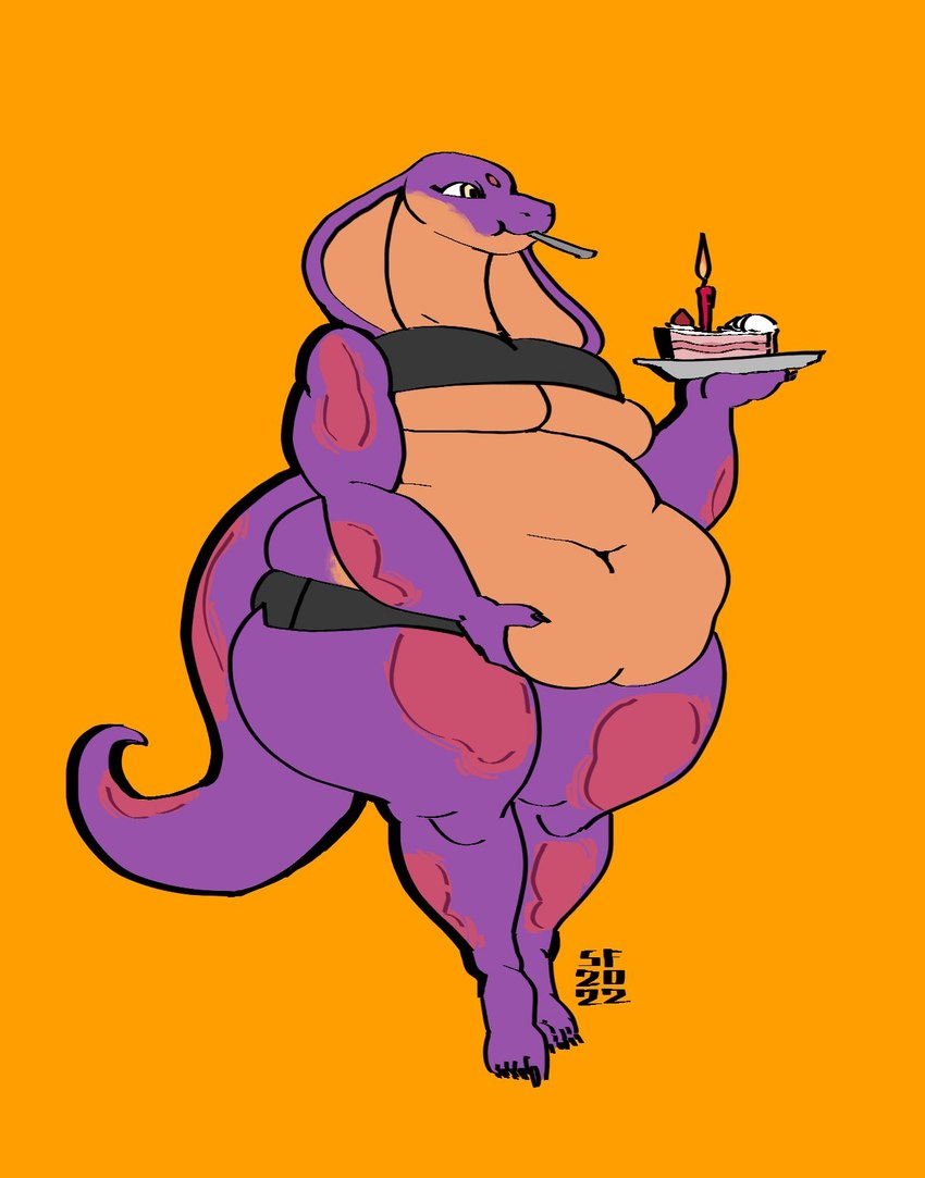 anthro birthday_cake bra breasts cake candle clothing countershading dessert female food holding_belly holding_food holding_object holding_plate huge_hips non-mammal_breasts obese obese_female object_in_mouth overweight overweight_female plate purple_body purple_scales scales simple_background snake_hood solo standing under_boob underwear wide_hips yellow_eyes stickface keeshee lamarian reptile scalie snake hi_res