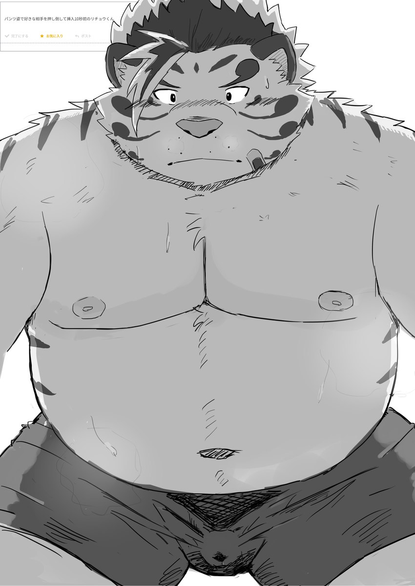 anthro band-aid bandage belly big_belly bulge clothing kemono male moobs navel nipples overweight overweight_male simple_background solo underwear 9dtq0 lifewonders tokyo_afterschool_summoners licho_(tas) felid mammal pantherine tiger 2024 absurd_res hi_res