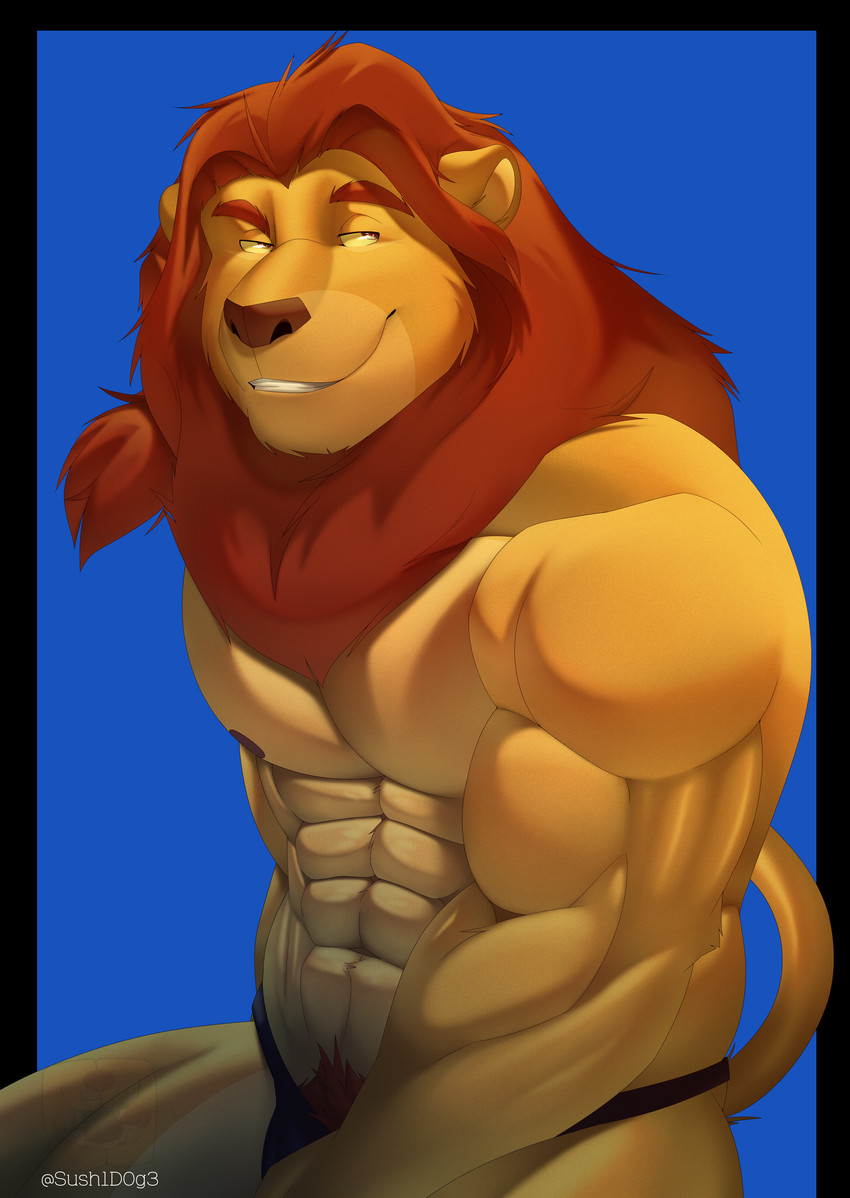 abs anthro anthrofied blue_background eyebrows fur hair looking_aside male mane mature_anthro mature_male nipples pecs red_body red_eyebrows red_fur red_hair simple_background sitting smile solo teeth yellow_body yellow_eyes yellow_fur sush1d0g3 disney the_lion_king mufasa felid lion mammal pantherine absurd_res alpha_channel hi_res