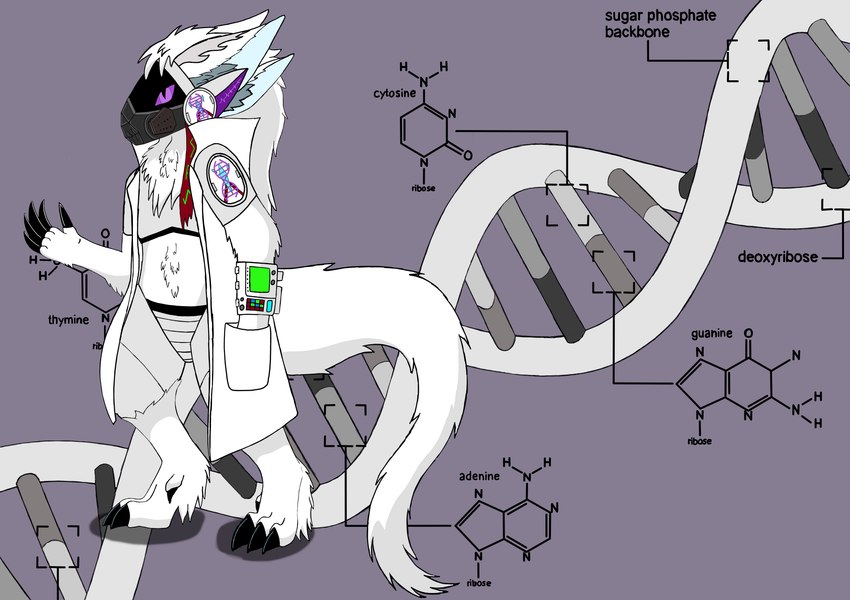 4_ears 4_toes anthro armor breastplate chest_tuft claws clothing coat crotchplate cybernetics dna feet fur machine male markings mask multi_ear purple_eyes ribbons solo tail toes topwear tuft visor white_body white_fur hunamarts biogentic_(protogen) mammal protogen absurd_res hi_res