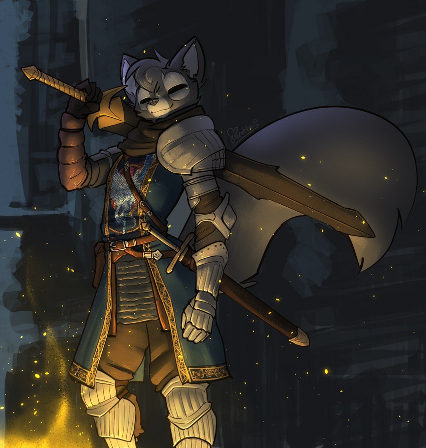 5_fingers anthro armor belt clothed clothing eyes_closed female fingers fire fur gauntlets gloves greatsword grey_body grey_fur hair handwear holding_melee_weapon holding_object holding_sword holding_weapon melee_weapon short_hair smile sword weapon feretta dark_souls fromsoftware vixavil_hayden canid canine fox mammal red_fox silver_fox true_fox 2022 digital_media_(artwork) hi_res