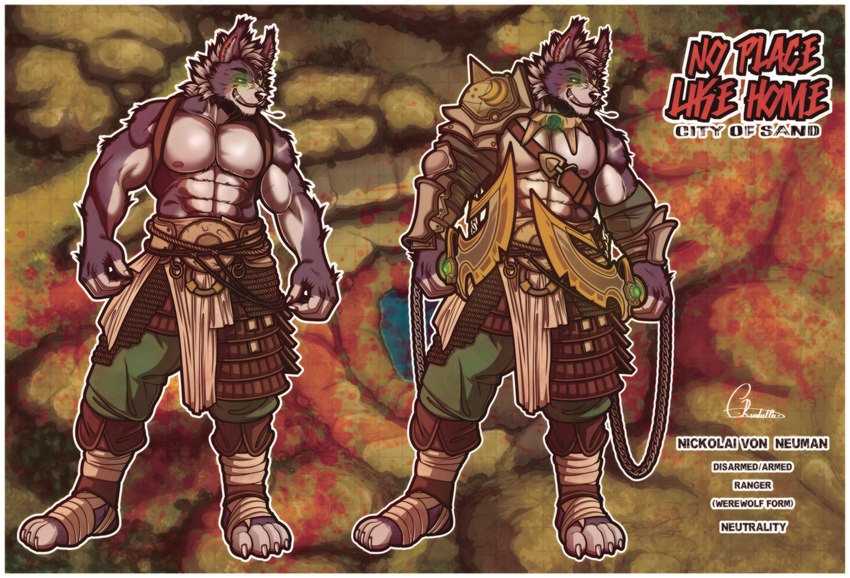 abs armor bandage green_eyes male melee_weapon muscular nickolai_von_neumann paws purple_body ranger scar smile solo sword weapon cl.rudolph mythology canid canine canis mammal mythological_canine mythological_creature werecanid werecanine werecreature werewolf wolf absurd_res hi_res