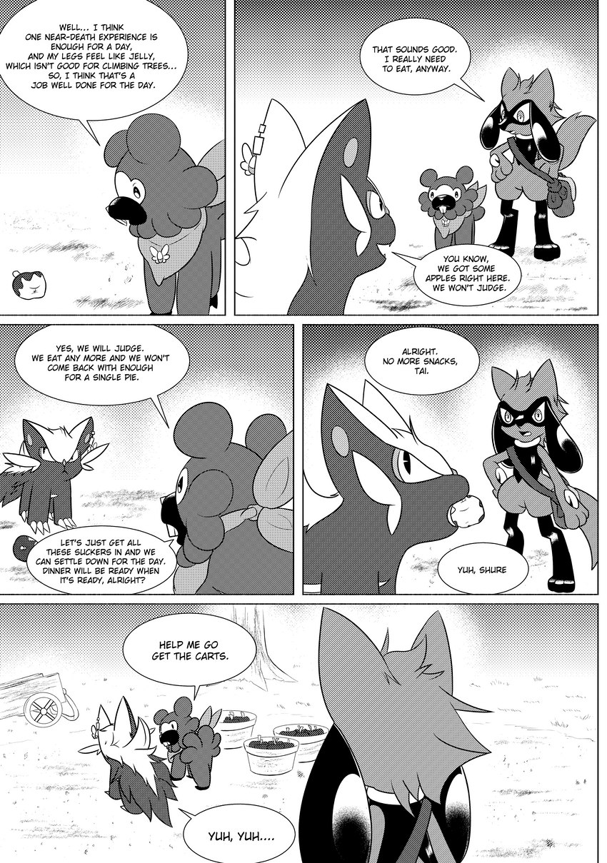 apple badge bag dialogue food fruit kerchief male neckerchief neckwear plant speech_bubble text tree xetajts nintendo pokemon pokemon_mystery_dungeon spike_chunsoft bennett_(clockwork_journeys) koray_(clockwork_journeys) tai_(clokwork_journeys) bidoof generation_4_pokemon pokemon_(species) riolu stunky absurd_res comic english_text greyscale hi_res monochrome