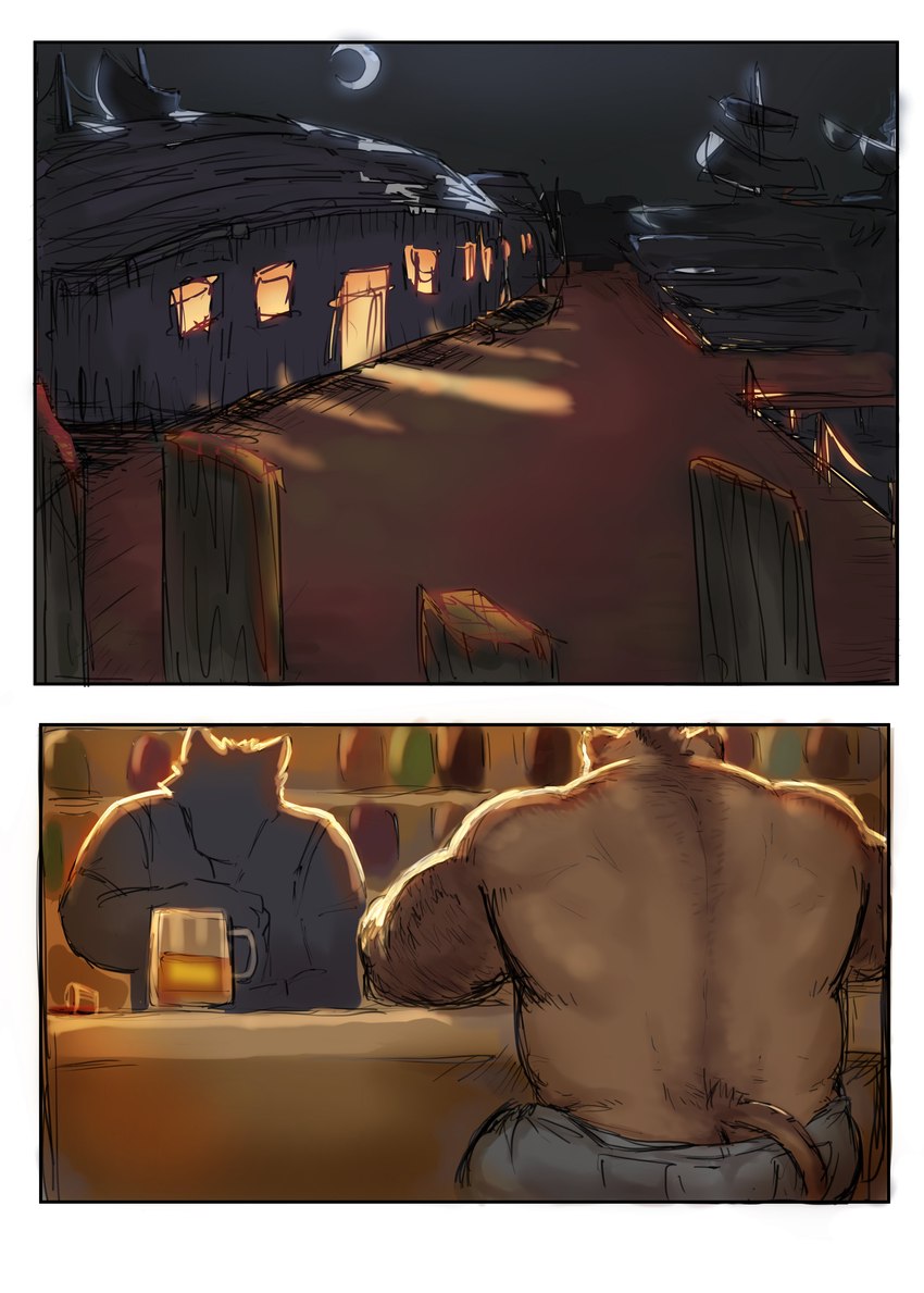 alcohol anthro back_muscles bar beer beverage body_hair bottomwear brown_body brown_fur butt clothed clothing duo fur male musclegut muscular muscular_anthro muscular_male night pants pier topless renoky canid canine mammal suid suina sus_(pig) wild_boar absurd_res comic hi_res