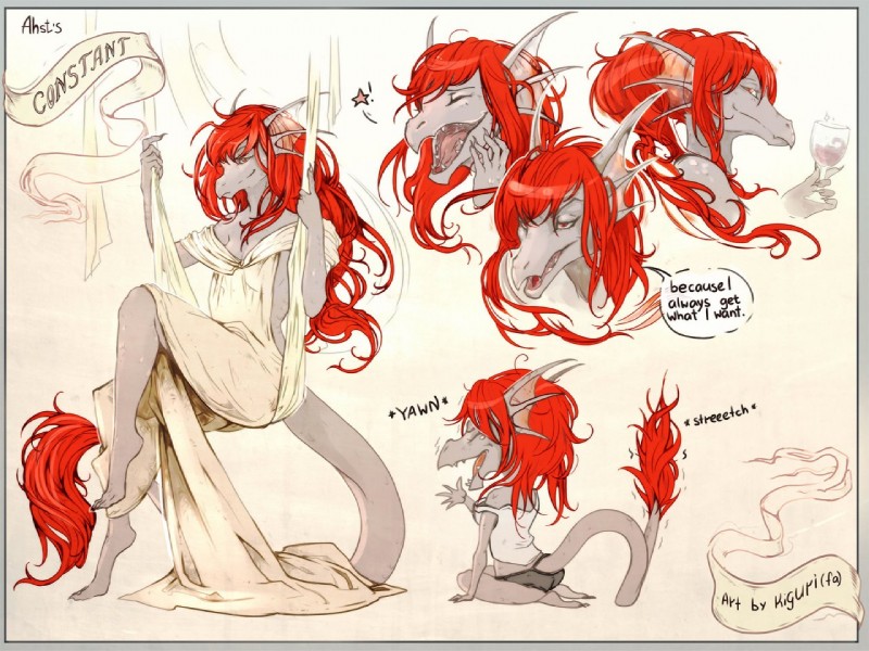 anthro barefoot biped breasts clothed clothing feet female hair kneeling non-mammal_breasts open_mouth red_eyes red_hair skimpy smile solo tail text underwear kiguri mythology dragon mythological_creature mythological_scalie scalie 4:3 english_text