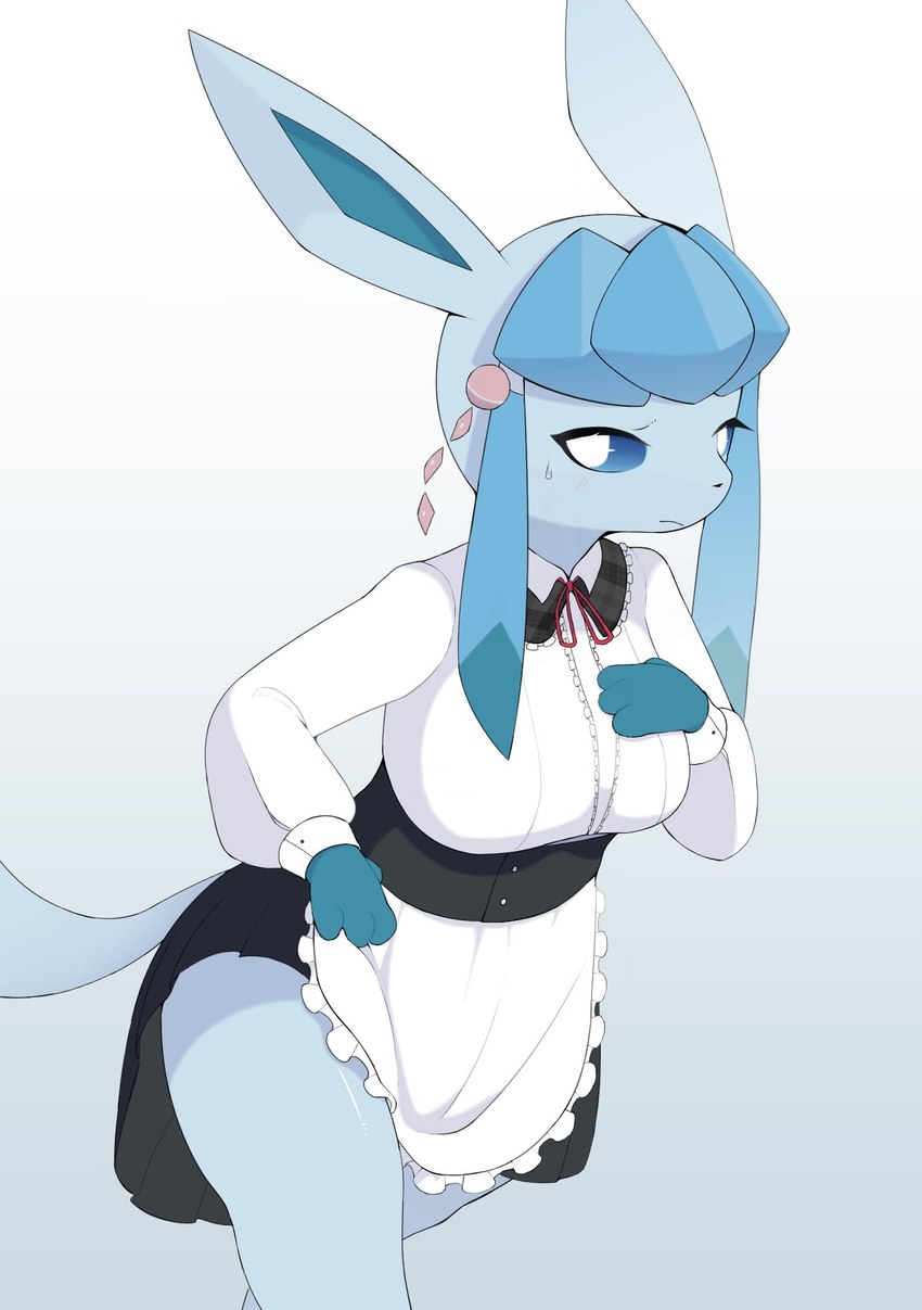 4_fingers accessory anthro big_ears blue_eyes blue_hair breasts clothing cuffs_(clothing) exposed_leg exposed_thighs eyelashes female fingers hair hair_accessory maid_uniform medium_breasts pensive solo tail uniform liteee nintendo pokemon eeveelution generation_4_pokemon glaceon pokemon_(species) hi_res