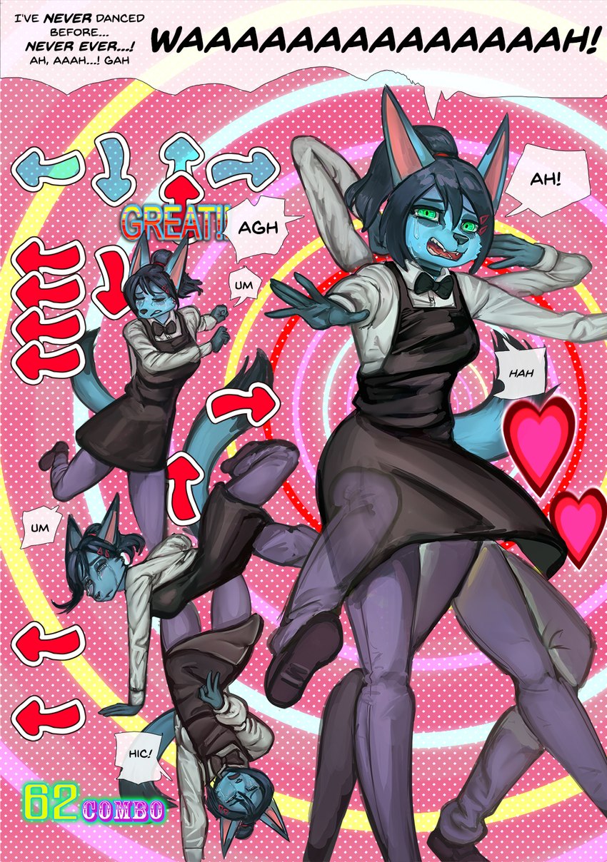 2000s_theme accuracy_judgement anthro black_clothing black_dress black_hair blue_body blue_fur bodily_fluids bow_tie circle_background clothing combo crying dancing dialogue dress female fur gameplay_mechanics green_eyes hair heart_symbol looking_at_viewer on_one_leg open_mouth rhythm_game solo standing tail tears text y2k_(graphic_design) general-irrelevant bemani dance_dance_revolution konami corablue_(character) canid canine canis jackal mammal 2023 digital_media_(artwork) english_text hi_res