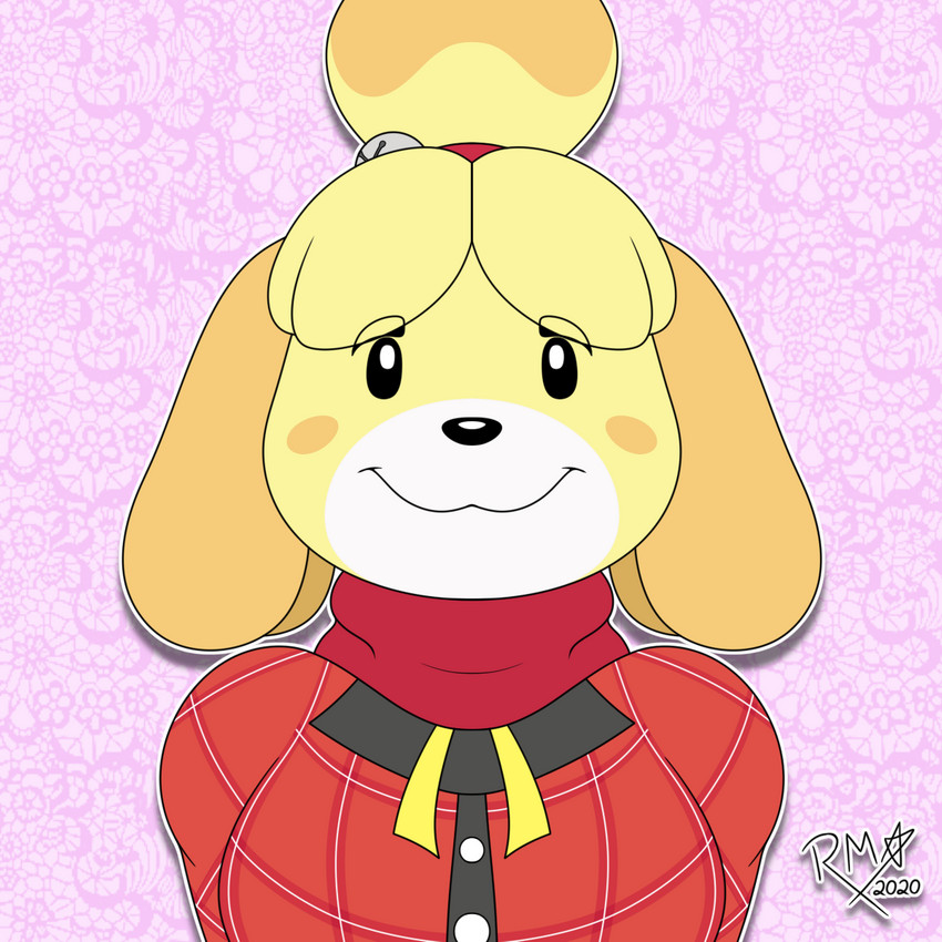 anthro big_breasts blush breasts clothed clothing female fur hair looking_at_viewer pink_background simple_background smile solo yellow_body yellow_fur richyminer animal_crossing nintendo isabelle_(animal_crossing) canid canine canis domestic_dog mammal shih_tzu toy_dog 1:1 2020 hi_res