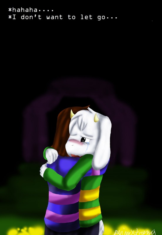 anthro clothing duo flower fur grass hug plant sad sweater text the_feels topwear underground white_body white_fur animextremex undertale undertale_(series) asriel_dreemurr frisk_(undertale) boss_monster_(undertale) bovid caprine goat human mammal 2015 english_text hi_res