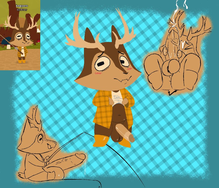 anthro antlers balls big_balls big_penis black_eyes blush bodily_fluids boots bottomless bottomless_male brown_antlers brown_body brown_ears brown_fur brown_nose circumcised circumcision_scar clothed clothing cum cum_on_face cumshot ejaculation erection eyes_closed fishing fishing_rod footwear fur genital_fluids genital_scar genitals hand_on_own_penis hand_on_penis happy holding_fishing_rod holding_object horn huge_balls huge_penis humanoid_genitalia humanoid_penis lying male masturbation multicolored_body multicolored_clothing multicolored_fur multicolored_shirt multicolored_topwear on_back orange_boots orange_clothing orange_footwear orange_shirt orange_shoes orange_topwear orgasm penile penile_masturbation penis scar scut_tail shirt shoes short_tail side_view sitting smile solo standing tail tank_top topwear two_tone_body two_tone_fur vein veiny_penis white_clothing white_shirt white_tank_top white_topwear bepboye webfishing canid canine canis deer domestic_dog mammal 2024 digital_media_(artwork) hi_res