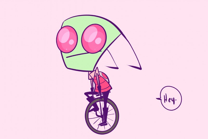 antennae_(anatomy) backpack clothed clothing gloves green_body green_skin handwear humor not_furry pink_background red_eyes simple_background solo speech_bubble text unicycle vehicle drawnbykat_(artist) invader_zim nickelodeon zim_(invader_zim) alien alien_humanoid humanoid irken english_text hi_res meme reaction_image