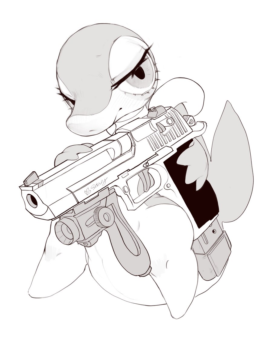 ambiguous_gender anthro big_tail blush desert_eagle eyelashes fin foregrip gun half-closed_eyes handgun holding_object holding_weapon magazine_(gun) narrowed_eyes pistol ranged_weapon semi-anthro solo tail tail_fin weapon azre nintendo pokemon generation_5_pokemon pokemon_(species) snivy 3:4 greyscale hi_res monochrome