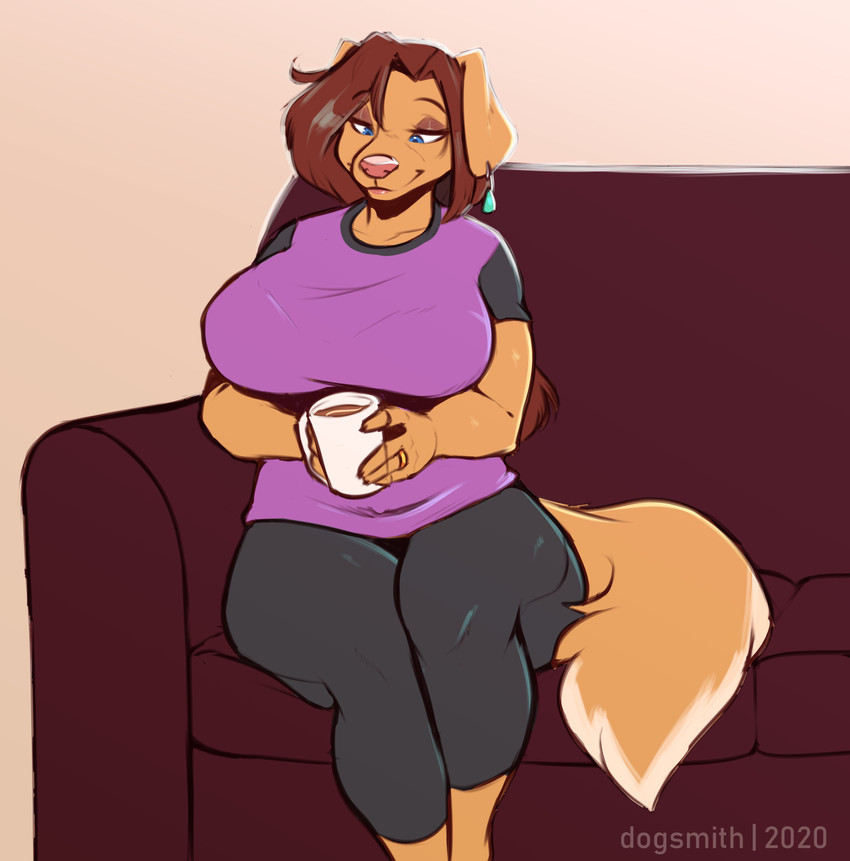 5_fingers anthro big_breasts blue_eyes bra_lines breasts brown_hair clothed clothing container cup curvy_figure ear_piercing ear_ring female fingers fluffy fluffy_tail fully_clothed furniture hair mature_anthro mature_female narrowed_eyes piercing ring ring_piercing sitting slightly_chubby smile snout sofa solo tail voluptuous inu-sama rhoda_(the_dogsmith) bird_dog canid canine canis domestic_dog golden_retriever hunting_dog mammal retriever 2020 absurd_res digital_media_(artwork) hi_res