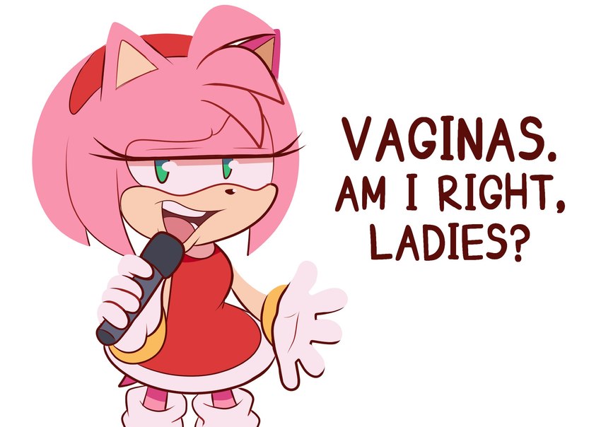 anthro black_nose clothing electronics eyelashes female fur gloves green_eyes half-closed_eyes handwear holding_microphone holding_object microphone narrowed_eyes open_mouth pink_body pink_fur simple_background smile solo standing text white_background white_clothing white_gloves white_handwear galaxy_cowboy sega sonic_the_hedgehog_(series) amy_rose eulipotyphlan hedgehog mammal english_text hi_res