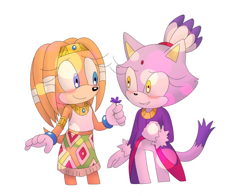 anthro blue_eyes blush clothed clothing duo female flower fur orange_body plant purple_body purple_fur simple_background smile yellow_eyes chocolatechippi sega sonic_adventure sonic_the_hedgehog_(series) blaze_the_cat tikal_the_echidna domestic_cat echidna felid feline felis mammal monotreme hi_res