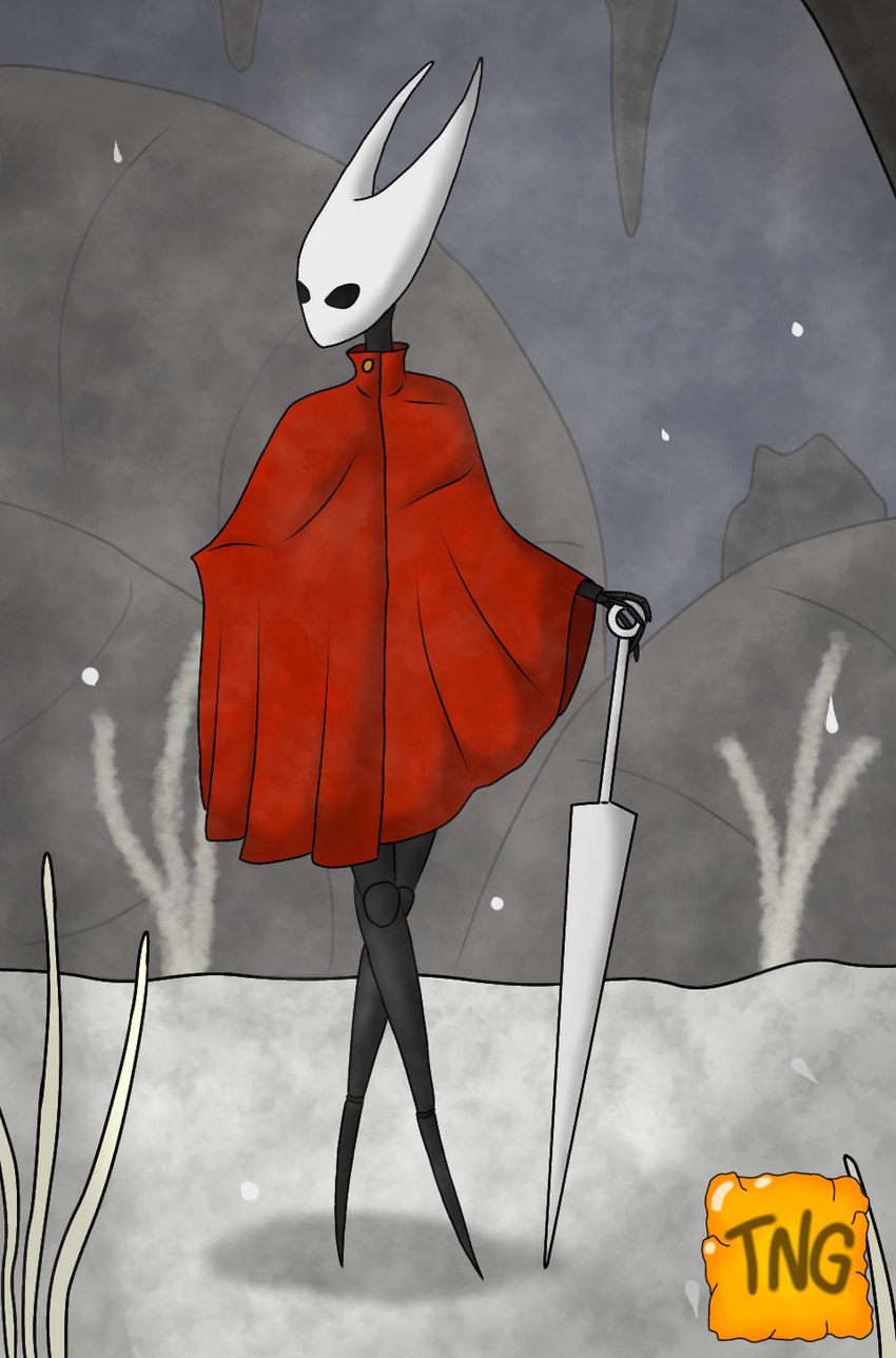 anthro black_body cavern cloak cloak_only clothing female fossil gold_button melee_weapon mouthless nail_(weapon) poncho red_clothing snow solo weapon white_head the_nameless_guy hollow_knight team_cherry hornet_(hollow_knight) arthropod hybrid insect hi_res